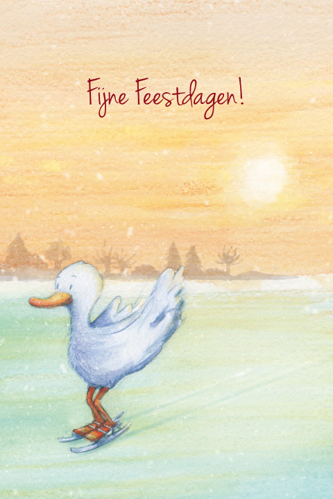 Kerstkaart eendje schaatst in winterzon