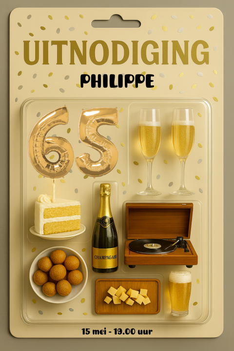 Uitnodiging 65 jaar in hippe blister verpakking