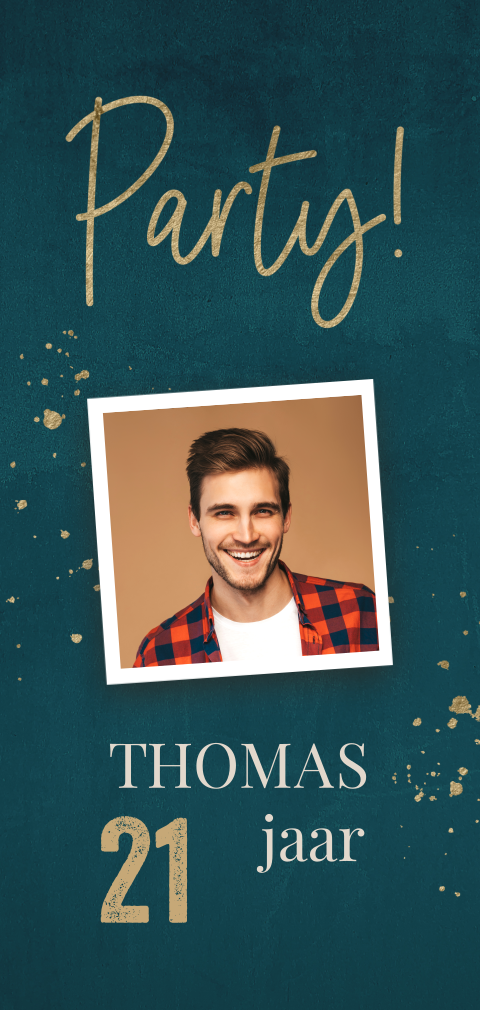 Uitnodiging 21 jaar man groen met foto en spetters