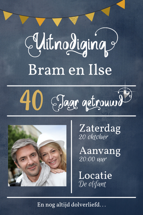 Uitnodiging 40 jaar getrouwd blauw met foto
