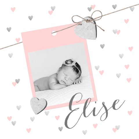 Geboortekaartje meisje foto en hartjes roze 