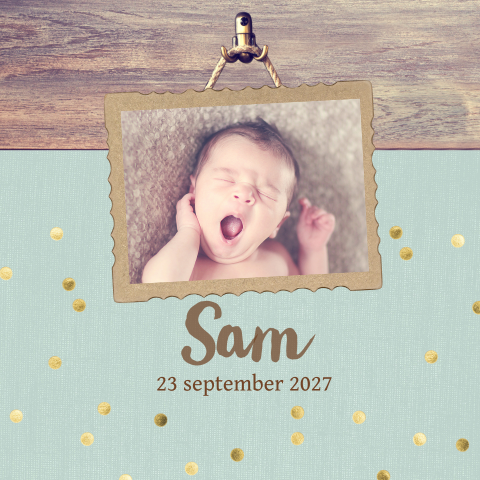 Geboortekaartje fotolijstje jongen met groen en confetti