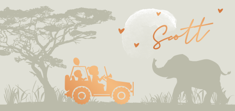 Koperfolie geboortekaartje met jeep olifant safari zoontje