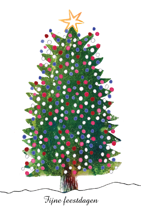 Kerstkaart illustratie kerstboom met gekleurde ballen