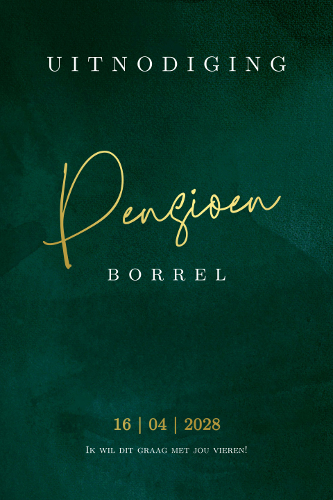 Uitnodiging pensioen borrel velvet look groen en goudfolie