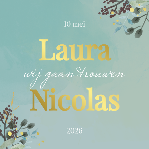 Vrolijke trouwkaart pastelgroen met takjes