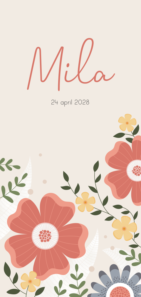 Geboortekaartje meisje botanisch nude getekende bloemen