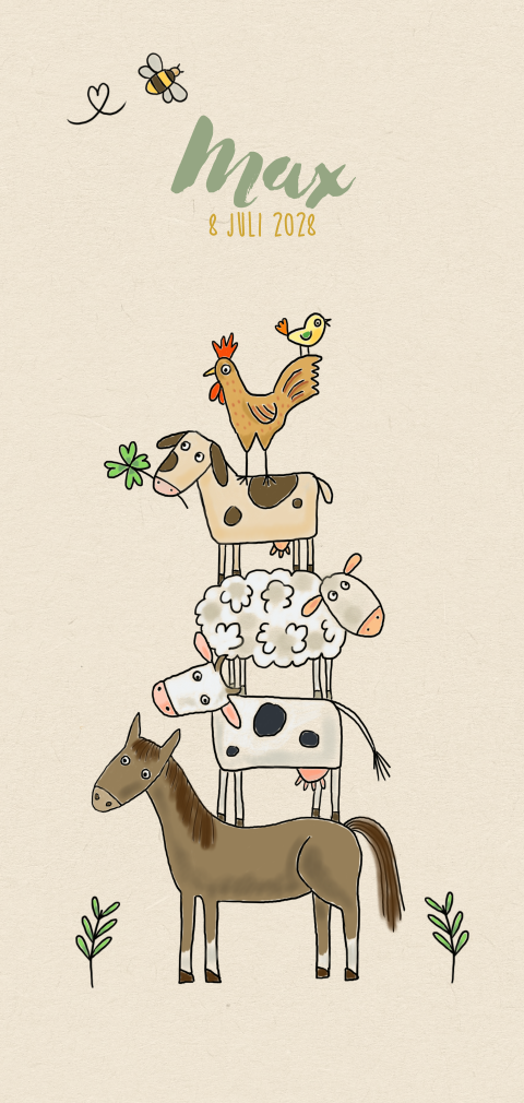 Geboortekaartje jongen boerderijdieren op kraft