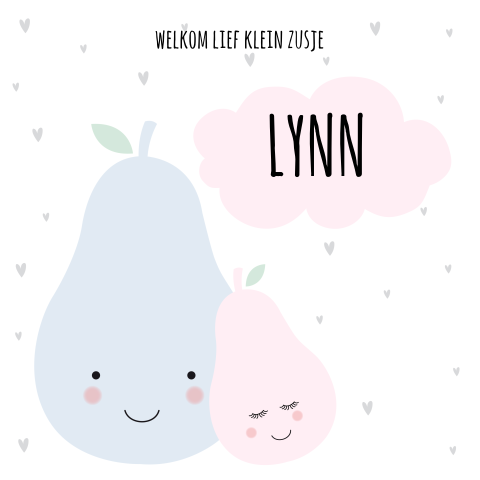 Grappig geboortekaartje 2e kindje zusje peer wolkje pastel