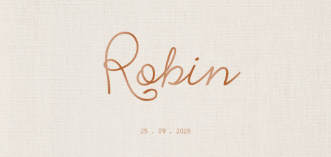 Trendy linnen look geboortekaartje Robin koper hoogglans lak