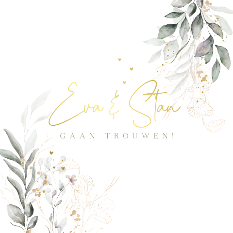 Stijlvolle trendy trouwkaart prachtige bloemen en takjes goudfolie