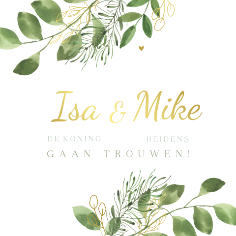 Stijlvolle trendy trouwkaart bladeren botanisch goudfolie