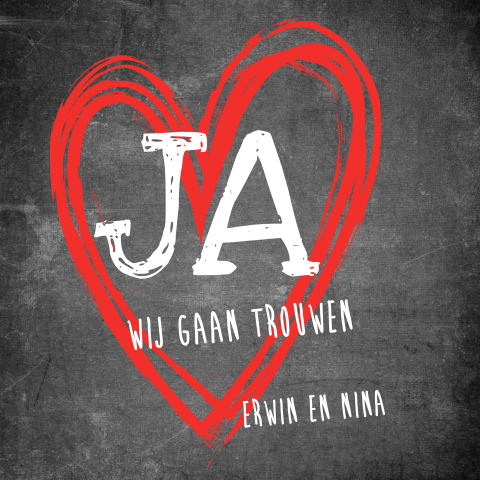 Trouwkaart dun getekend hart in rood op krijtbord