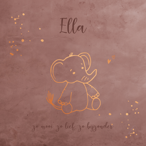 Geboortekaartje olifant Ella roestbruin met koper foliedruk