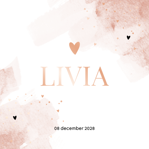 Geboortekaartje meisje Livia met watercolor roze en foliedruk