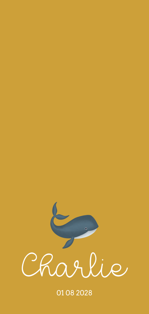 Een hip langwerpig geboortekaartje voor een meisje met walvis