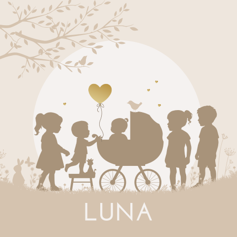 Geboortekaart 5e kind meisje in kinderwagen met vier kindjes ernaast