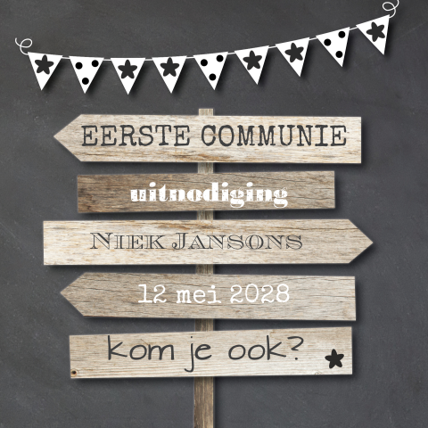Modern communiekaartje met oude wegwijs borden