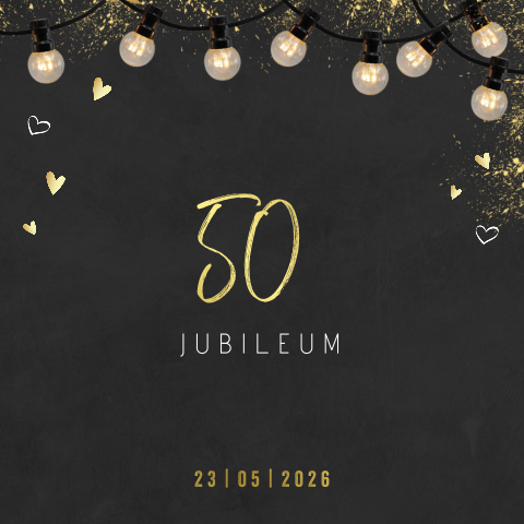 Jubileum 50 uitnodiging lichtsnoer goud folie krijtbord achtergrond