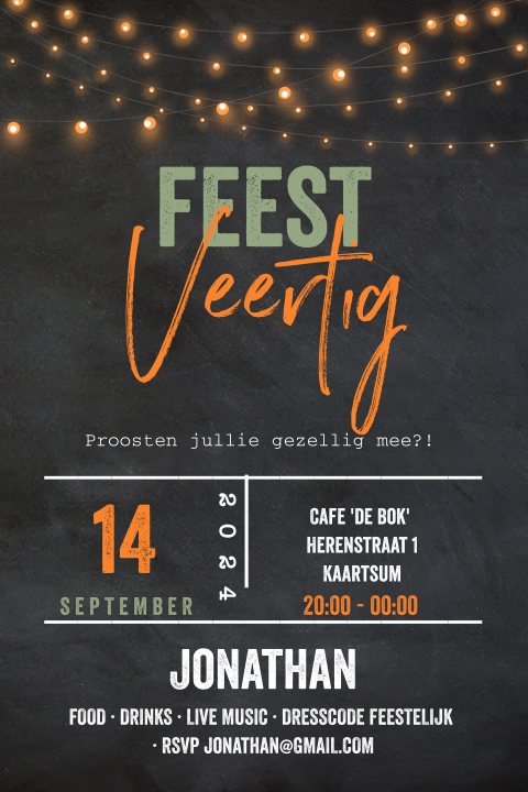 Verjaardagsuitnodiging krijtbord en lampjes 40 jaar