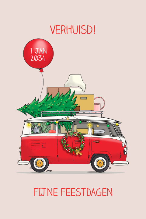 Kerst verhuiskaart busje met ballon