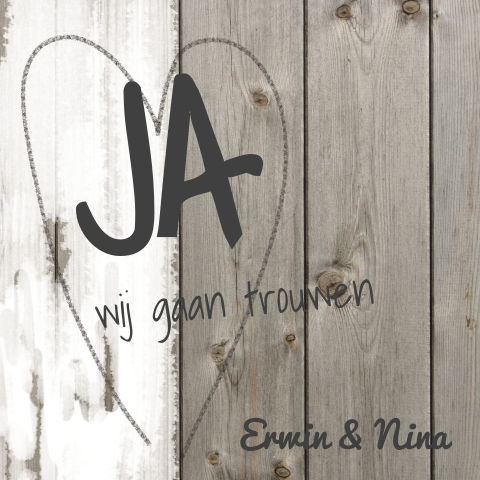 Trouwkaart dun getekend hart wit geverfd hout