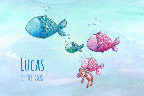Geboortekaartje jongen met vissen familie in aquarel