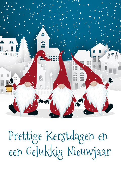 Kerst verhuiskaart met sneeuw en kerstmannetjes