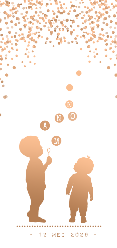 Geboortekaart 2e kindje meisje met bellenblaas en broertje