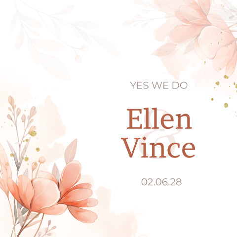 Trouwkaart met sierlijke  bloemen in warme rose kleuren