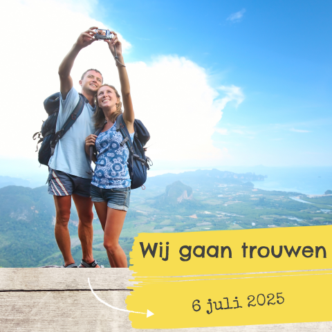 Foto huwelijkskaart verfvegen met foto en hout