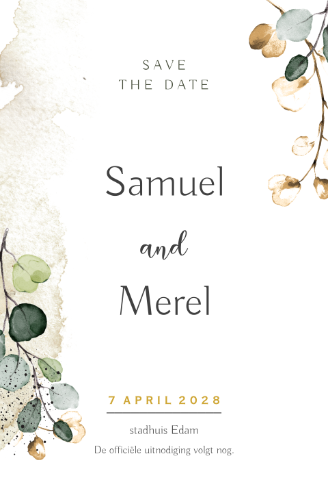 Save the date trouwen kaart waterverf en takjes