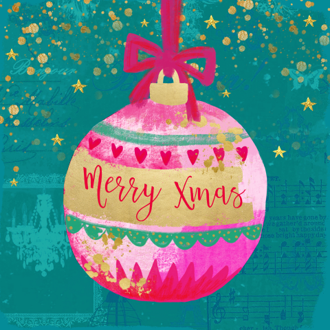 Kerstkaart kleurrijke kerstbal goudlook