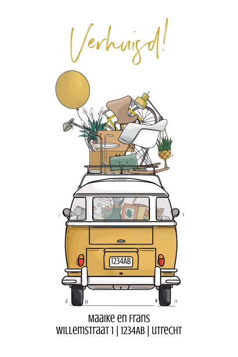 Grappige verhuiskaart met VWbusje en verhuisspullen