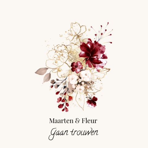 Trouwkaart botanisch met rode en goud look  bloemen