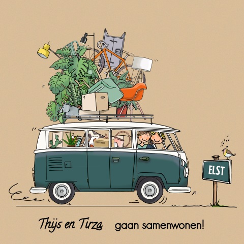Getekende samenwonen kaart met Volkswagenbusje