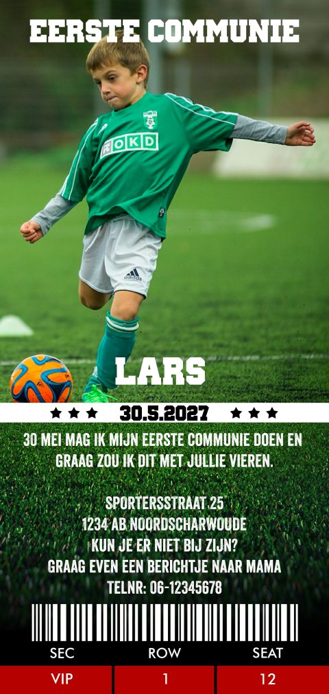 Stoere voetbal communie uitnodiging ticket thema
