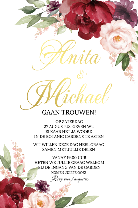 Uitnodiging goudfolie trouwen met prachtige roze en rode bloemen