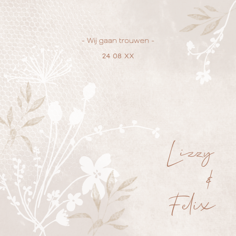 Mooie trouwkaart met bloemen illustraties en tule