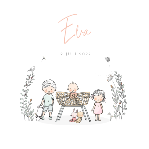 Geboortekaartje meisje en broer zusje in rotan wiegje met takjes