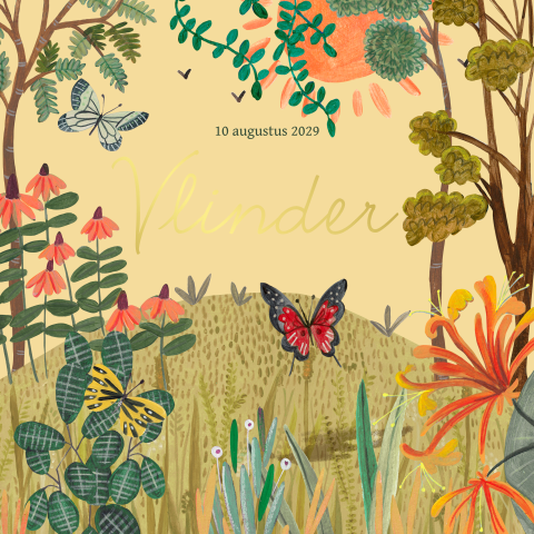 Geboortekaartje voor een meisje met vlinders en bloemen