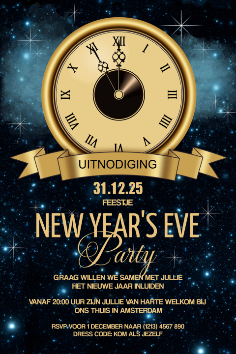 Uitnodiging feestje oudejaarsavond met aftellende klok op sterrenhemel