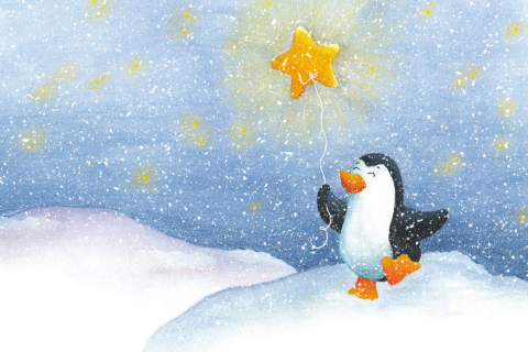 Kerstkaart Pinguïn met ballon