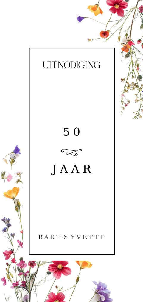 Langwerpige uitnodigingskaart 50 jaar met veldbloemen