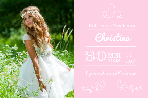 Uitnodiging lentefeest fotokaart teksten meisje typografie roze