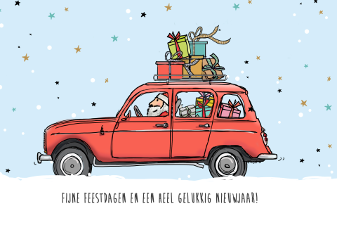 Getekende kerstkaart met auto renault 4 oldtimer rood