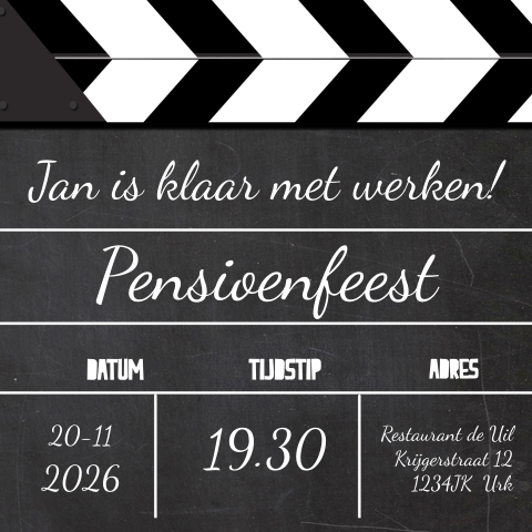 Leuke pensioen uitnodiging met film klapper