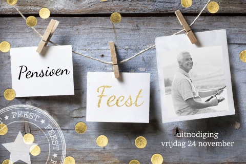 Uitnodiging pensioenborrel met hout en gouden confetti