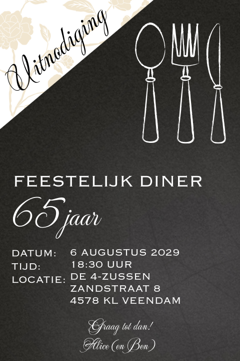 Uitnodiging diner etentje 65 jaar feest