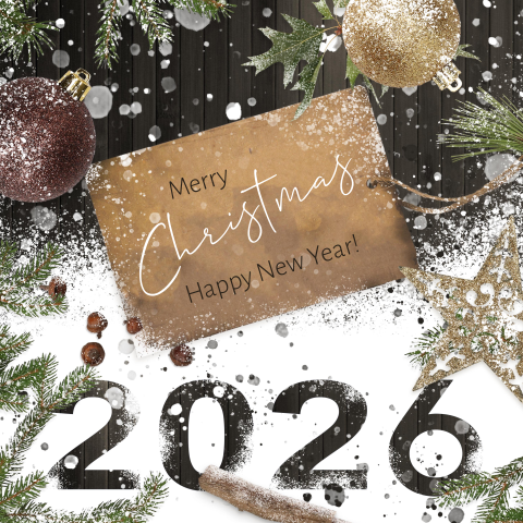 Kerstkaart label sneeuw en hout jaar 2026